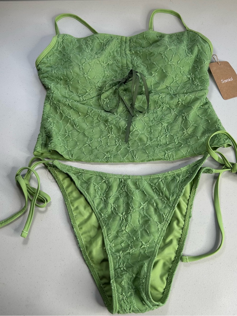 Samiol Tankini Bikini Set Large Green Lace Ruched Swimsuit New